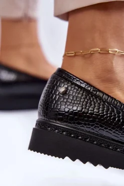 Lakierowane Mokasyny Krokodyli Wzór Na Platformie Czarne Diane