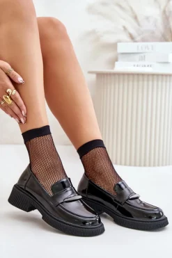 Lakierowane Mokasyny Loafersy Damskie Z Ozdobą D&A LZ42-031 Czarne