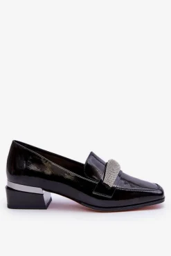 Lakierowane Mokasyny Na Obcasie Z Cyrkoniami Czarne Lavern