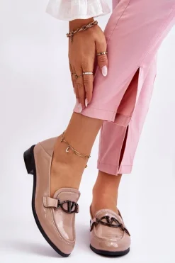 Lakierowane Mokasyny Na Płaskim Obcasie Beżowe Marra