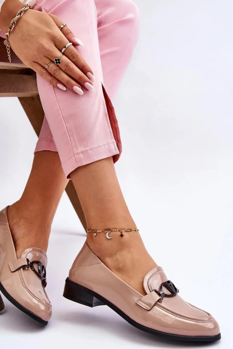 Lakierowane Mokasyny Na Płaskim Obcasie Beżowe Marra