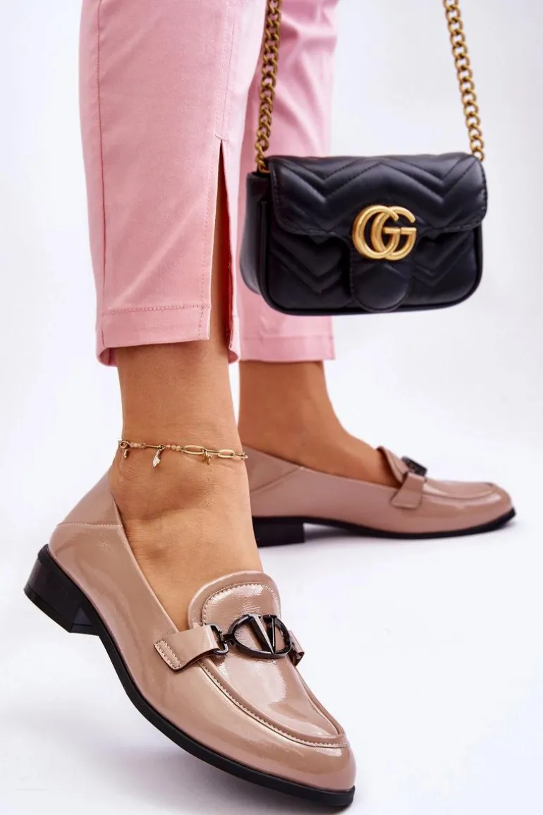 Lakierowane Mokasyny Na Płaskim Obcasie Beżowe Marra