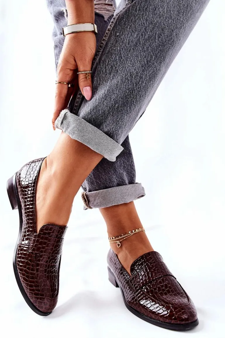 Lakierowane Mokasyny W Zwierzęcy Wzór Brązowe Lenie