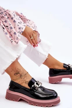 Lakierowane Mokasyny Z Łańcuchem GOE LL2N4039 Czarno-Fioletowe