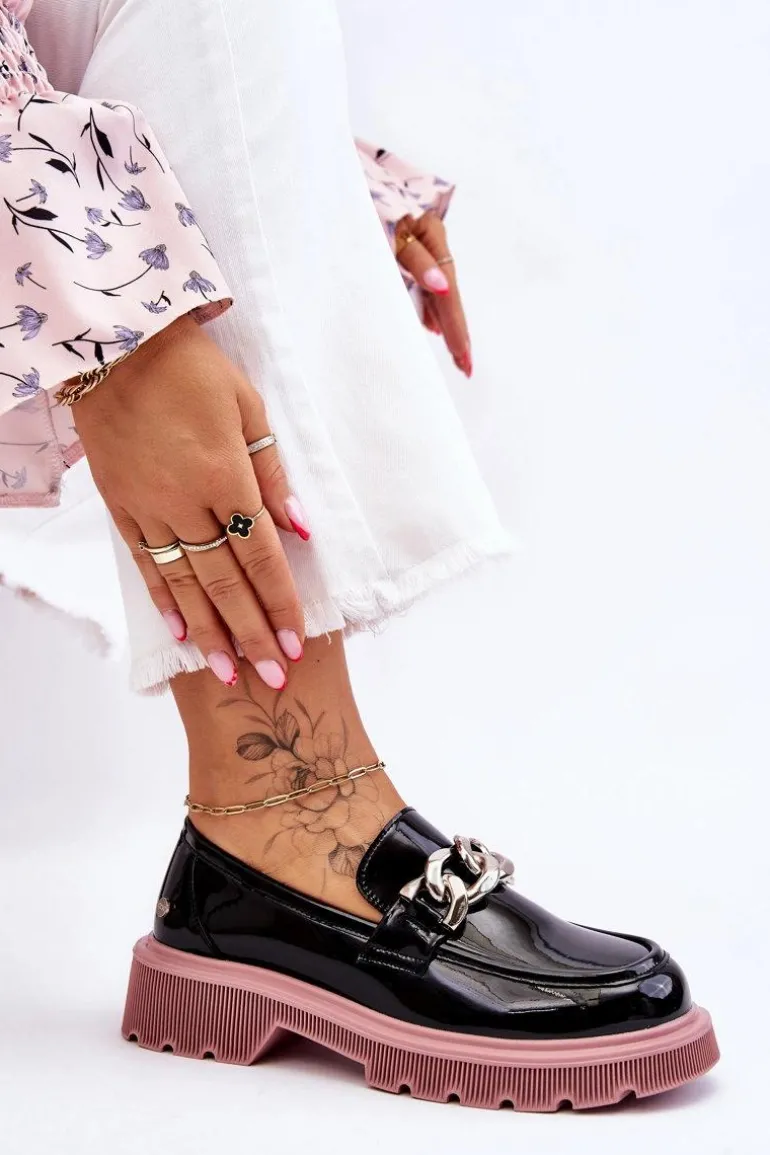 Lakierowane Mokasyny Z Łańcuchem GOE LL2N4039 Czarno-Fioletowe