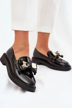 Lakierowane Mokasyny Z Kokardą I Ozdobną Broszką Czarne Leandriel