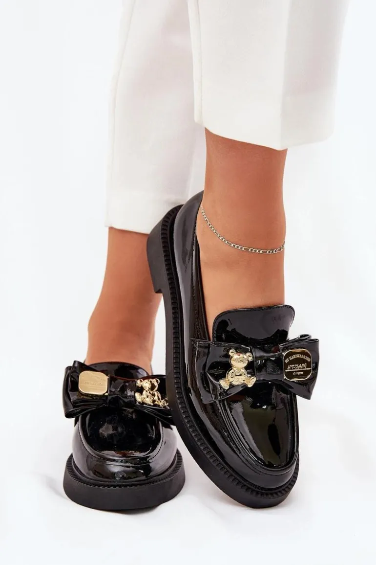 Lakierowane Mokasyny Z Kokardą I Ozdobną Broszką Czarne Leandriel