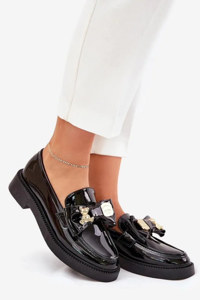 Lakierowane Mokasyny Z Kokardą I Ozdobną Broszką Czarne Leandriel