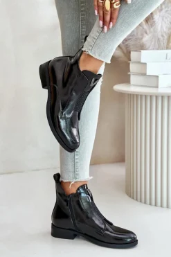 Lakierowane Niskie Botki Damskie Na Płaskim Obcasie Ocieplane Czarne S.Barski HY42-120 Czarne