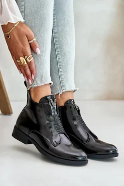 Lakierowane Niskie Botki Damskie Na Płaskim Obcasie Ocieplane Czarne S.Barski HY42-120 Czarne