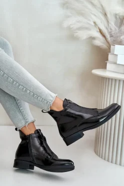 Lakierowane Niskie Botki Damskie Na Płaskim Obcasie Ocieplane Czarne S.Barski HY42-120 Czarne