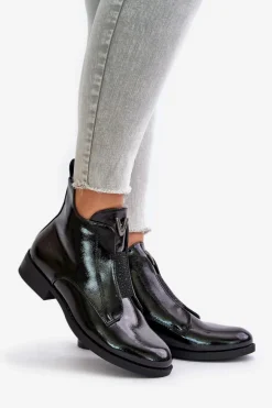 Lakierowane Niskie Botki Damskie Na Płaskim Obcasie Ocieplane Czarne S.Barski HY42-120 Czarne