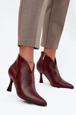 Lakierowane Niskie Botki Damskie Na Szpilce Bordowe Jolivra
