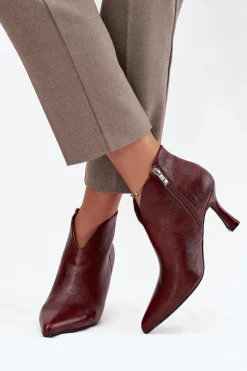 Lakierowane Niskie Botki Damskie Na Szpilce Bordowe Jolivra