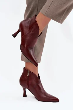 Lakierowane Niskie Botki Damskie Na Szpilce Bordowe Jolivra
