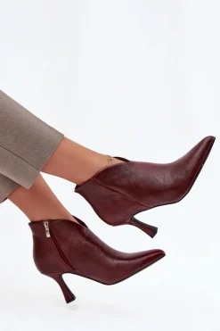 Lakierowane Niskie Botki Damskie Na Szpilce Bordowe Jolivra