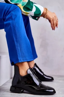 Lakierowane Niskie Botki Na Suwak Czarne Bettina