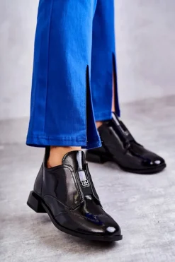 Lakierowane Niskie Botki Na Suwak Czarne Bettina