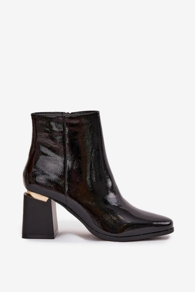 Lakierowane Ocieplane Botki Damskie Na Słupku Z Eko Skóry Czarne Brivelle