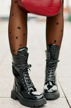 Lakierowane Ocieplane Botki Workery Z Ozdobą Czarne Kelilea