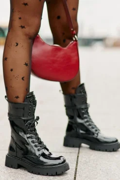 Lakierowane Ocieplane Botki Workery Z Ozdobą Czarne Kelilea