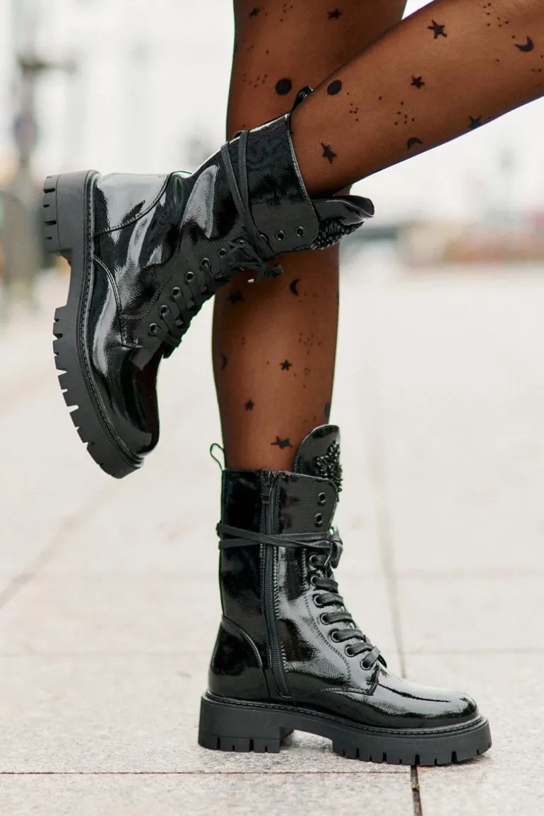 Lakierowane Ocieplane Botki Workery Z Ozdobą Czarne Kelilea