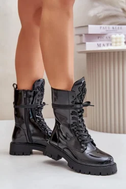 Lakierowane Ocieplane Botki Workery Z Ozdobą Czarne Kelilea