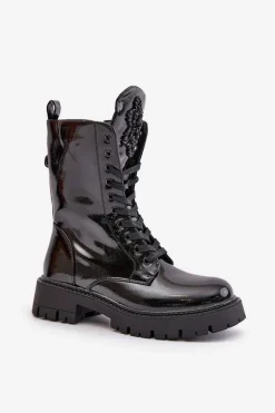 Lakierowane Ocieplane Botki Workery Z Ozdobą Czarne Kelilea