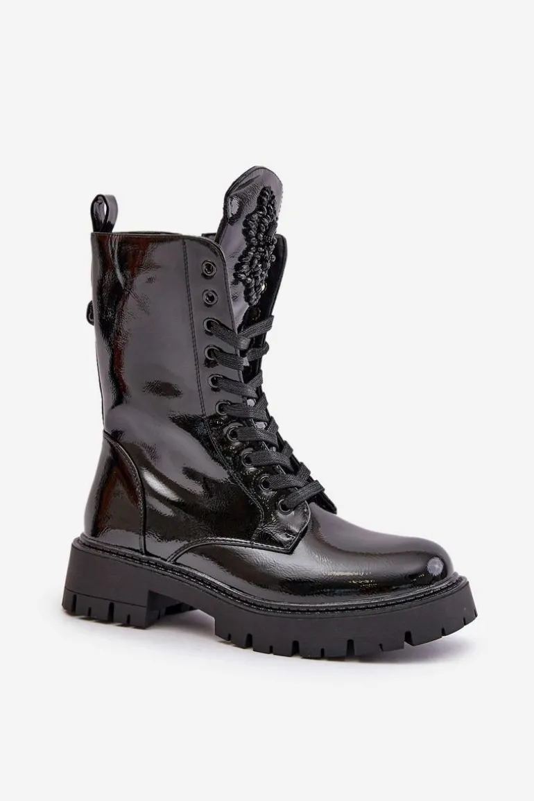 Lakierowane Ocieplane Botki Workery Z Ozdobą Czarne Kelilea