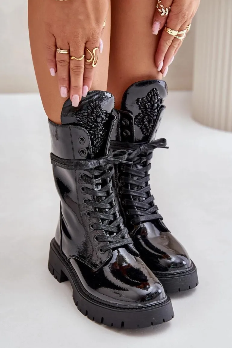 Lakierowane Ocieplane Botki Workery Z Ozdobą Czarne Kelilea