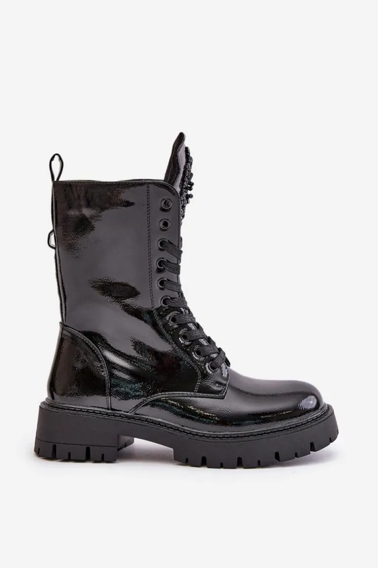 Lakierowane Ocieplane Botki Workery Z Ozdobą Czarne Kelilea