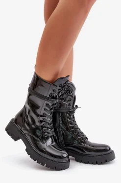 Lakierowane Ocieplane Botki Workery Z Ozdobą Czarne Kelilea