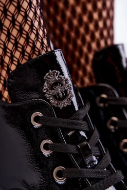 Lakierowane Ocieplane Botki Sznurowane Czarne Enrica