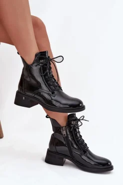 Lakierowane Ocieplane Botki Damskie Na Klocku Vinceza 58602 Czarne