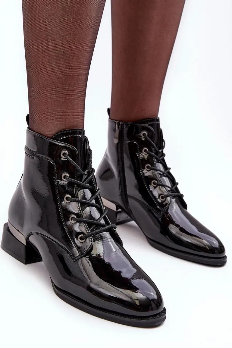 Lakierowane Ocieplane Botki Na Suwak Czarne Achonia