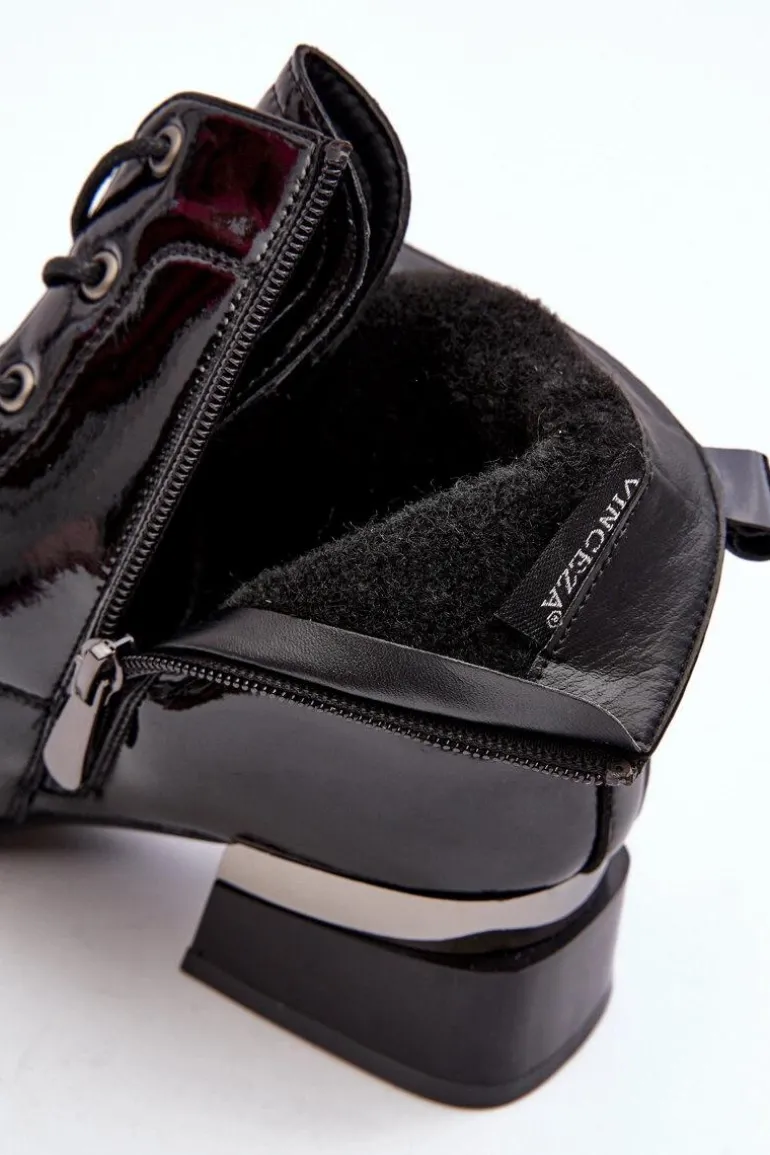 Lakierowane Ocieplane Botki Na Suwak Czarne Achonia