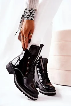 Lakierowane Ocieplane Botki Czarne Grecia