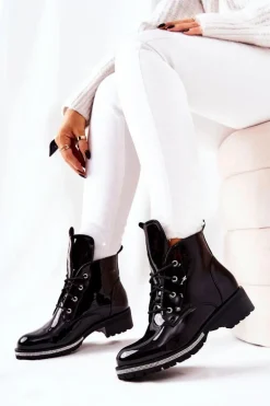 Lakierowane Ocieplane Botki Czarne Grecia