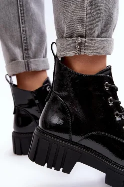 Lakierowane Ocieplane Botki Sznurowane Czarne Bjorg
