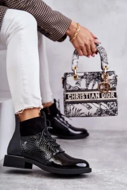 Lakierowane Ocieplane Botki Sznurowane Czarne Cathrine