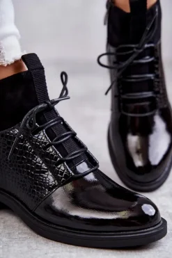 Lakierowane Ocieplane Botki Sznurowane Czarne Cathrine