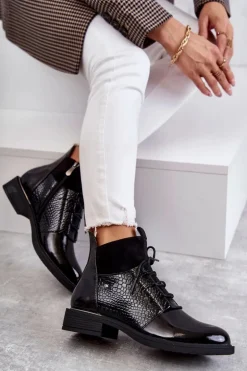 Lakierowane Ocieplane Botki Sznurowane Czarne Cathrine