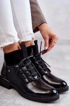 Lakierowane Ocieplane Botki Sznurowane Czarne Cathrine