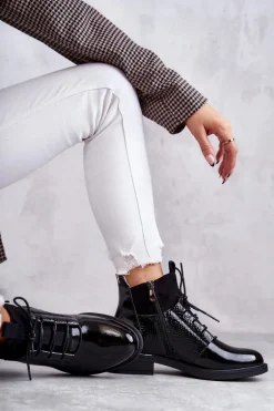 Lakierowane Ocieplane Botki Sznurowane Czarne Cathrine