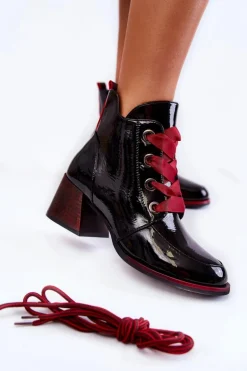 Lakierowane Ocieplane Botki Sznurowane Czarne Tove