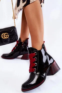 Lakierowane Ocieplane Botki Sznurowane Czarne Tove