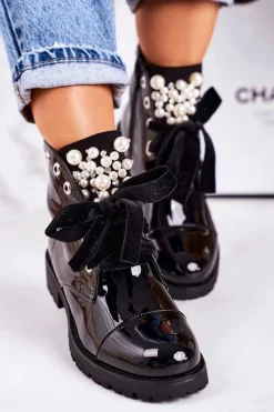 Lakierowane Ocieplane Botki Z Perełkami I Wstążką Czarne Perla