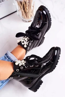 Lakierowane Ocieplane Botki Z Perełkami I Wstążką Czarne Perla