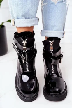 Lakierowane Ocieplane Botki Workery Czarne Not Realy