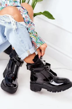 Lakierowane Ocieplane Botki Workery Czarne Not Realy